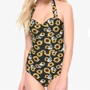 Hot Topic Swimsuit Women’s M Black & Yellow Sun Flower & Scull Halter One Piece